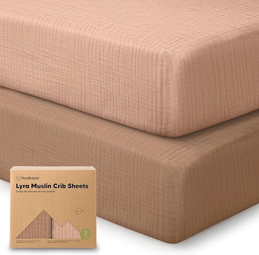 KeaBabies 2-Pack Muslin Crib Sheets for Boys, Girls - 100% Organic Cotton Fitted Baby Crib Mattress Sheet, Soft Breathable Standard Toddler Bed Cover Bedding Set, Neutral, Durable 52x28 (Russet)-BubblyBeeBaby