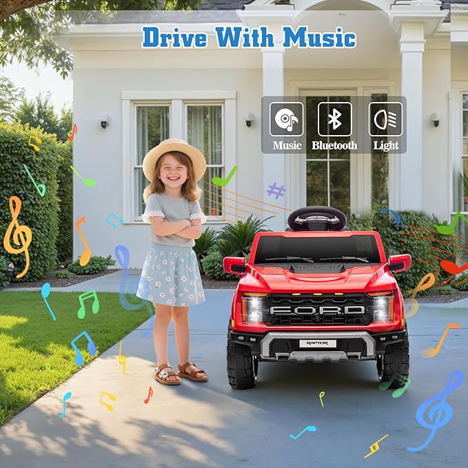 12V Ride on Car Licensed Ford F-150 Raptor, Kids Electric Car with Remote Control, LED Light/Music/MP3, Truck Bed Storage, 3-Point Seat Belt (12V, Red)-BubblyBeeBaby