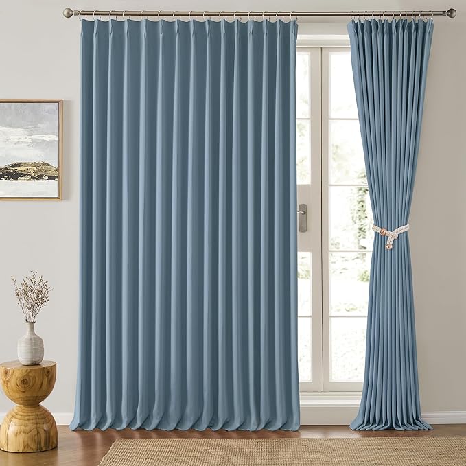 KEQIAOSUOCAI Extra Wide Dusty Blue Pinch Pleated Curtains 100 x 84, Thermal Insulated Noise Cancelling Living Room Drapes 84 inches Long, Patio Sliding Glass Door Window Curtain 2 Panels-BubblyBeeBaby