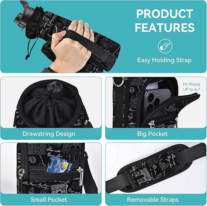 icolor Water Bottle Carrier Bag with Strap 25/32/40 oz Crossbody Bottle Holder with Phone Pocket Sling Sleeve Insulated Neoprene Water Bottle Pouch for Walking Travelling-BubblyBeeBaby