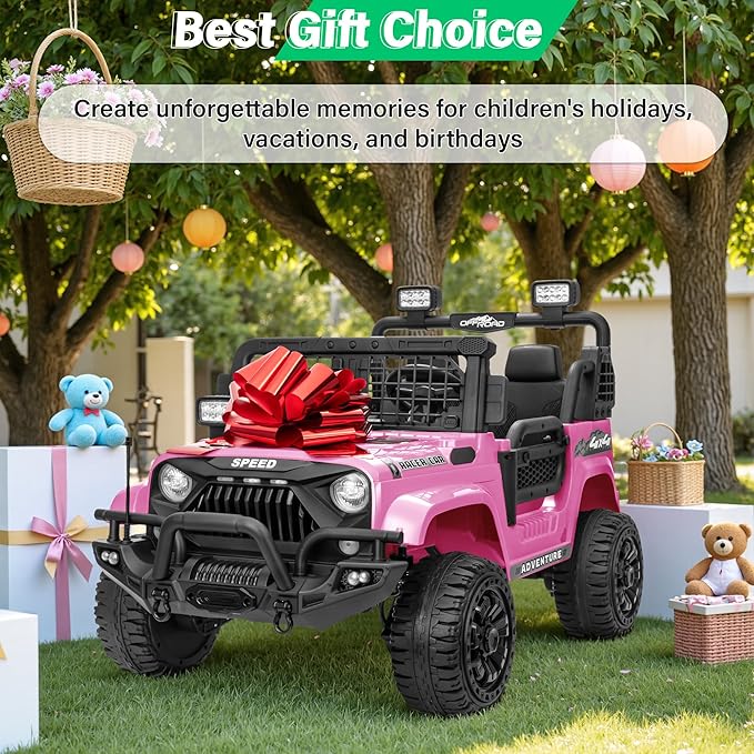 2 Seater Ride On Car Truck with Remote Control XL, Kids 24V Battery Powered Electric Vihicle w/21 in Seat, 3 Speeds, 2WD/4WD Switichable, Shock Absorbers,Bluetooth, Flower, Gift Choice-BubblyBeeBaby