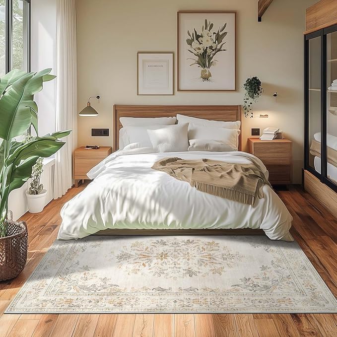 jinchan Vintage Floral 5x7 Area Rugs - Machine Washable Distressed Design Soft Ultra-Thin Low-Pile Non-Slip Carpet for Kitchen Bedroom Nursery Living Room Dining Room Home Office (5x7ft,Light Grey)-BubblyBeeBaby