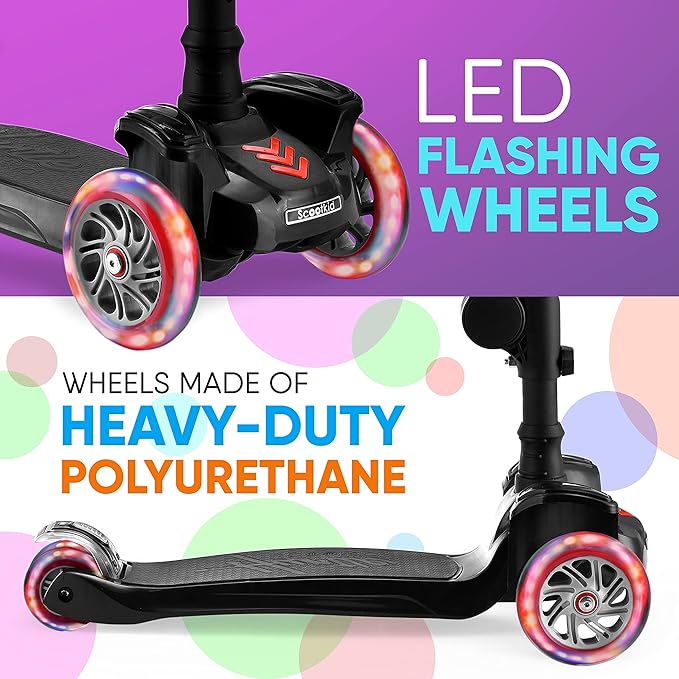 Hurtle 3-Wheeled Scooter for Kids - Wheel LED Lights, Adjustable Lean-to-Steer Handlebar, and Foldable Seat - Sit or Stand Ride with Brake for Boys and Girls Ages 1-14 Years Old-BubblyBeeBaby