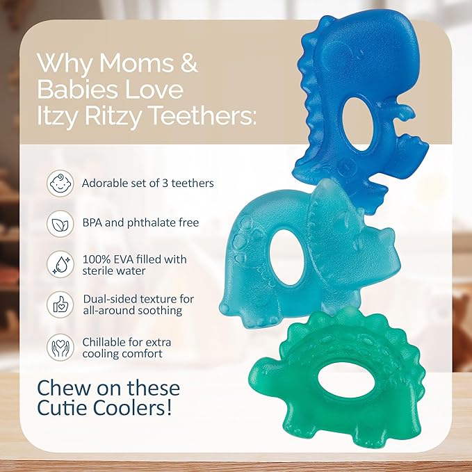 Itzy Ritzy Water-Filled Teethers - Cold Cutie Coolers Textured On Both Sides to Massage Sore Gums & Emerging Teeth - Can Be Chilled in Refrigerator, Set of 3 Coordinating Dinosaur Water Teethers-BubblyBeeBaby