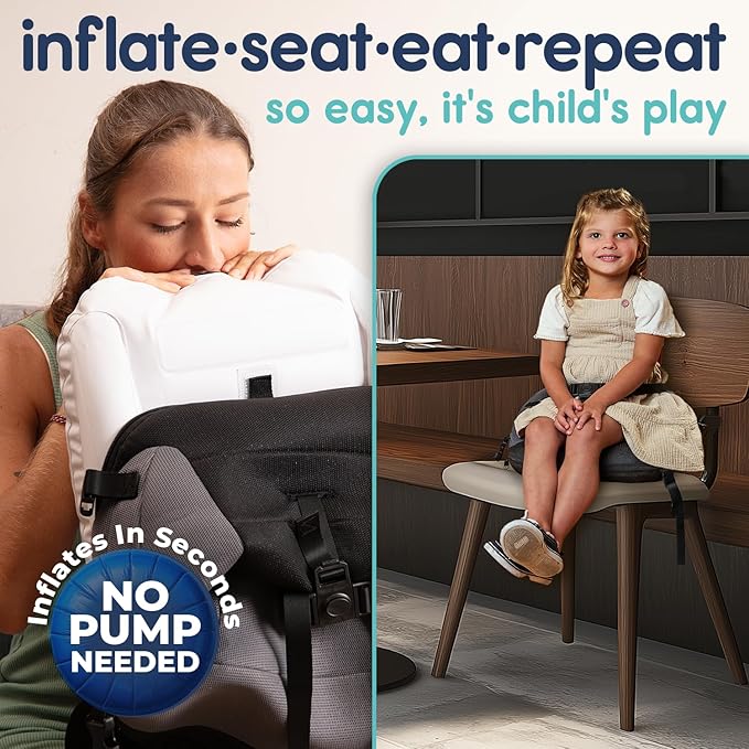 Hiccapop NeoBoost Inflatable Toddler Booster Seat for Dining Table – Portable, Quick-Inflate Design – Anti-Slip Base, Secure Straps, Easy-Clean – Perfect for Home & Travel, Black/Gray-BubblyBeeBaby