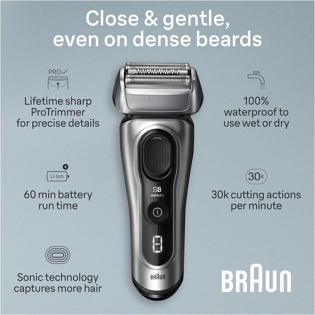 Braun Series 8 Electric Razor for Men, with 4+1 Shaving Elements & Precision Long Hair Trimmer, Close & Gentle Even on Dense Beards, Wet & Dry Electric Razor with 60min Runtime, 8517s Galvano Silver