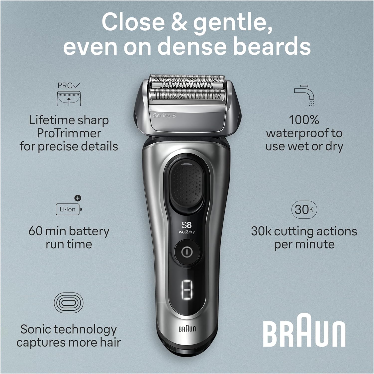 Braun Series 8 Electric Razor for Men, with 4+1 Shaving Elements & Precision Long Hair Trimmer, Close & Gentle Even on Dense Beards, Wet & Dry Electric Razor with 60min Runtime, 8517s Galvano Silver