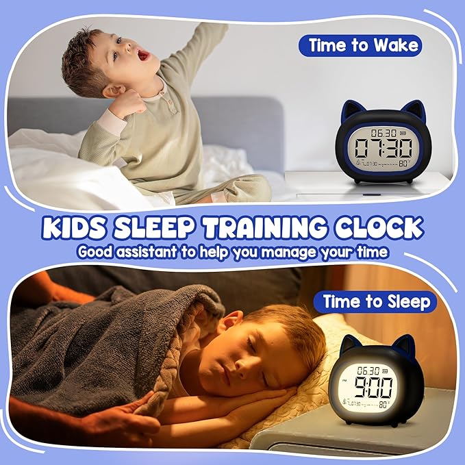 Kids Alarm Clock with Night Light for Kids, Small Digital Alarm Clocks for Bedrooms, Routine Builder, Cute Cat Alarm Clock with Sleep Training, Snooze, 12/24H, Date & Day, Temperature, USB Port-BubblyBeeBaby