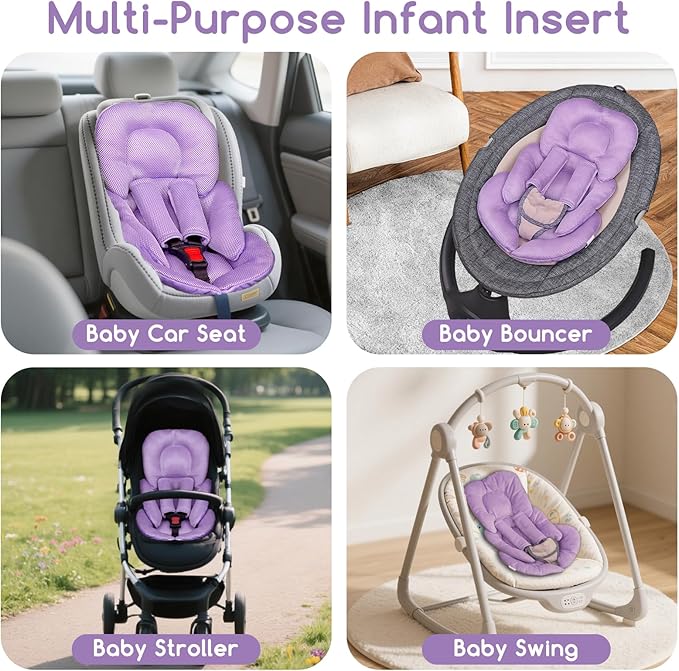 Infant Car Seat Insert for Newborn Girls Boys, Summer Mesh Baby Carseat Head Support with Strap Pads, Soft Reversible Baby Car Seat Insert Cushion Pad for Car Seat, Stroller, Bouncer, Swing, Purple-BubblyBeeBaby