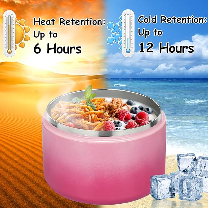 12oz Insulated Vacuum Food Jar with Buckle Lid Wide Mouth Soup Thermo for Hot Food Kids Leakproof Stainless Steel Lunch Container (Gradient Pink, 12OZ)-BubblyBeeBaby