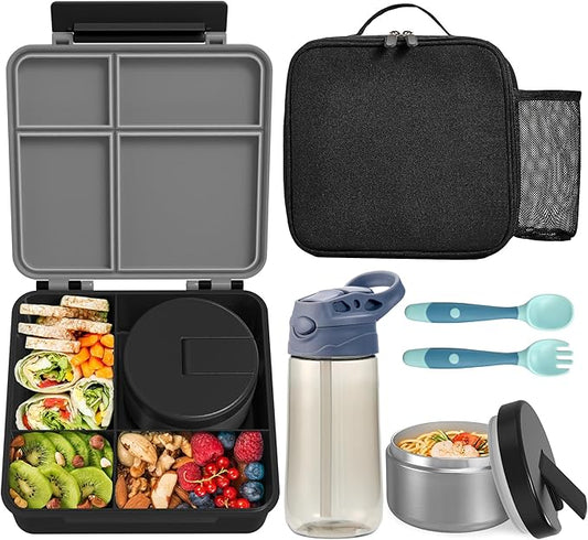 Kids Bento Lunch Box with 8oz Soup Thermo, Water Bottle, Kids Leakproof Lunch Food Containers with 4 Compartment, Insulated Hot Food Jar with Lunch Bag for School, Trvael (Black)-BubblyBeeBaby