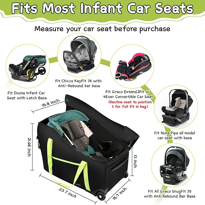 Baby Car Seat Travel Bag Fit Chicco Keyfit 35 and Anti-rebound Bar Base, Doona Car Seat Stroller and Base, Nuna Pipa Travel Bag, Infant Car Seat Bags for Air Travel, Doona Travel Bag-BubblyBeeBaby