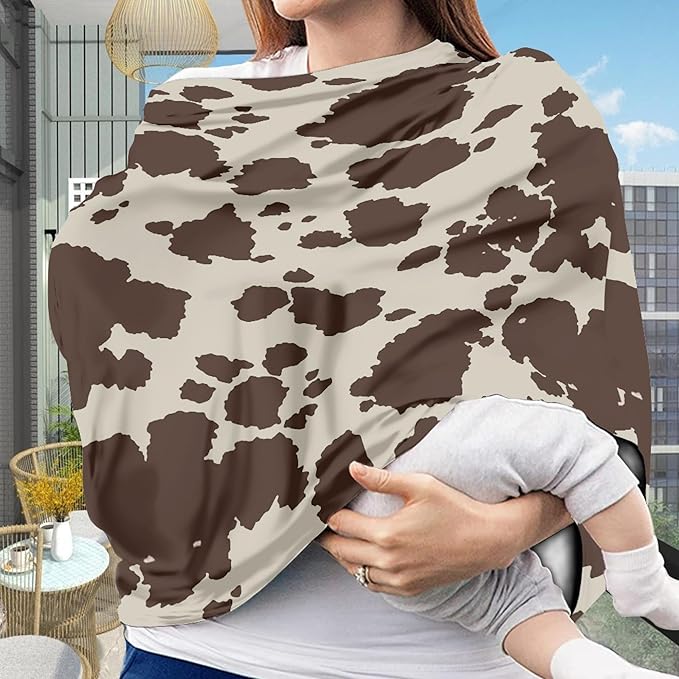 Binienty Baby Car Seat Covers Nursing Cover Soft Stretch Breastfeeding Scarf, Animal Brown Cow Stripe Print, Baby Infants Canopies-BubblyBeeBaby