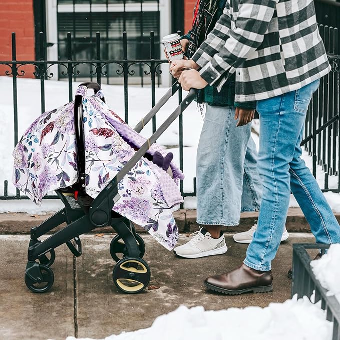 Car Seat Cover Baby, Infant Car Seat Canopy Covers for Newborn Girls Boys, Soft Breathable Mink Carseat Covers Stretchy Multi-Use Nursing Cover for Stroller Baby Car Seat, Purple Flroal-BubblyBeeBaby