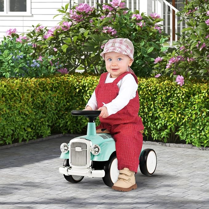 HONEY JOY Ride On Push Car, Outdoor Toddler Riding Toys w/Steering Wheel, Horn & Storage, Foot-to-Floor Sliding Car, No Batteries, Retro Baby Ride On Toys for Boys and Girls (Green)-BubblyBeeBaby