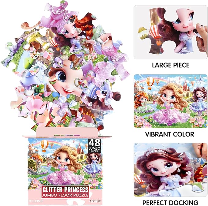 Jumbo Floor Puzzle for Kids,48 Piece Princess Large Jigsaw Puzzles,Puzzle for Toddler Ages 3-5,Preschool Educational Intellectual Development Toy Gift for Boys & Girls Ages 4-8-BubblyBeeBaby