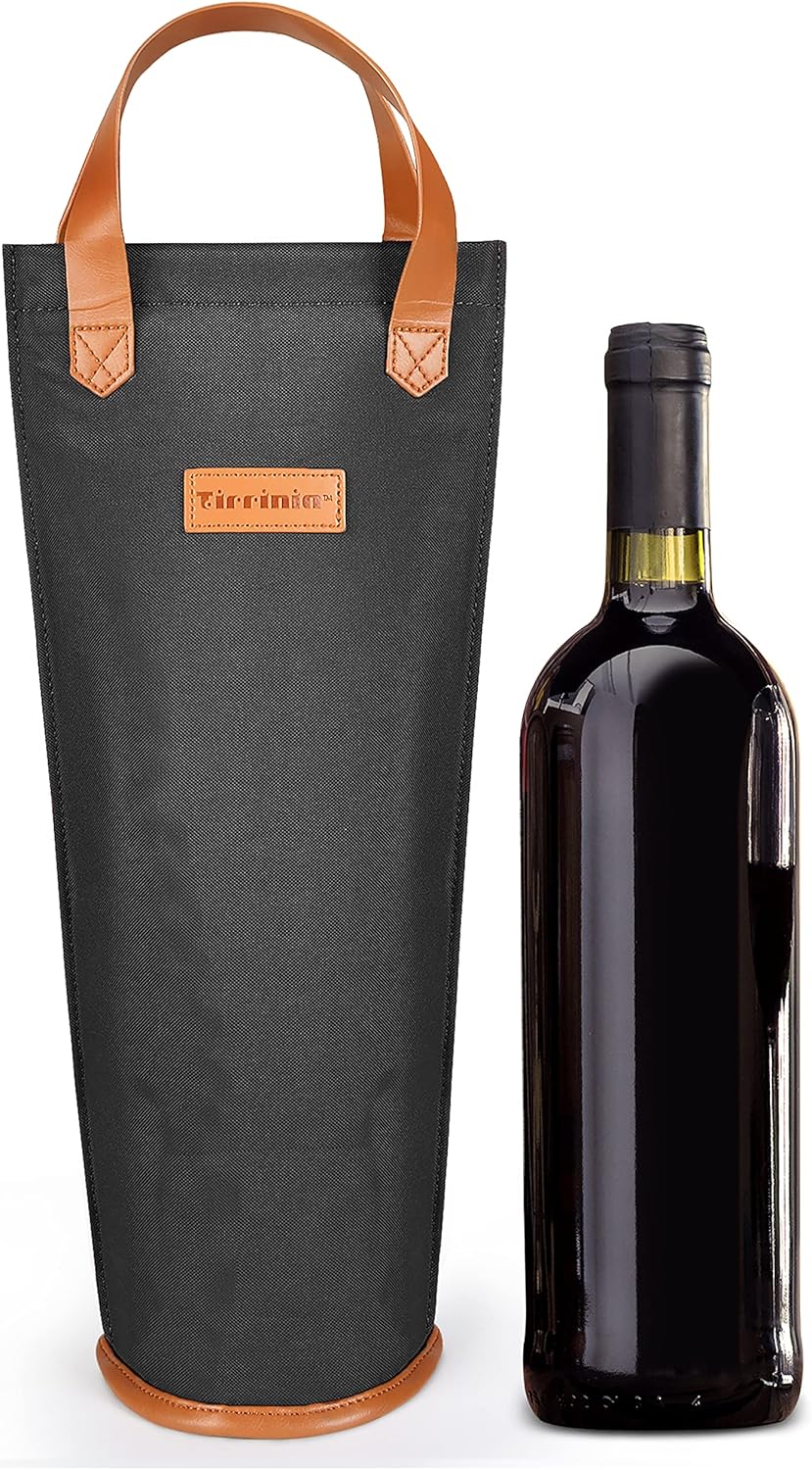 Tirrinia Single Wine Carrier Tote, Insulated Wine Cooler Bag for Travel, Picnic, & Wine Gifts – Thermal Padded Wine Bottle Holder Tote for Men & Women, Wine Gift for Wine Lovers,Black