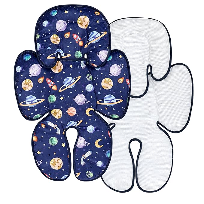 Pea Pod Baby Car Seat Head Support for Newborn, 2 in 1 Infant Car Seat Head Body Support for Boys Extra Soft Breathable Baby Car Seat Cushion Insert for Strollers, Swings, and Bouncers, Blue Space-BubblyBeeBaby