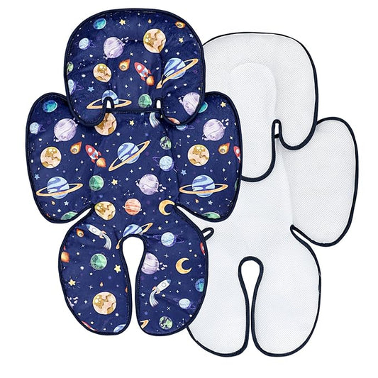 Pea Pod Baby Car Seat Head Support for Newborn, 2 in 1 Infant Car Seat Head Body Support for Boys Extra Soft Breathable Baby Car Seat Cushion Insert for Strollers, Swings, and Bouncers, Blue Space-BubblyBeeBaby
