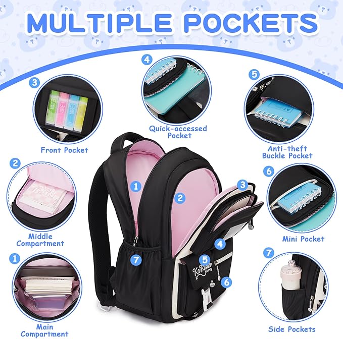 Kids Backpack for Girls - School Bags for Middle School Students - Book Bag for Elementary Primary - Kawaii Ita Backpack - Black and Beige-BubblyBeeBaby