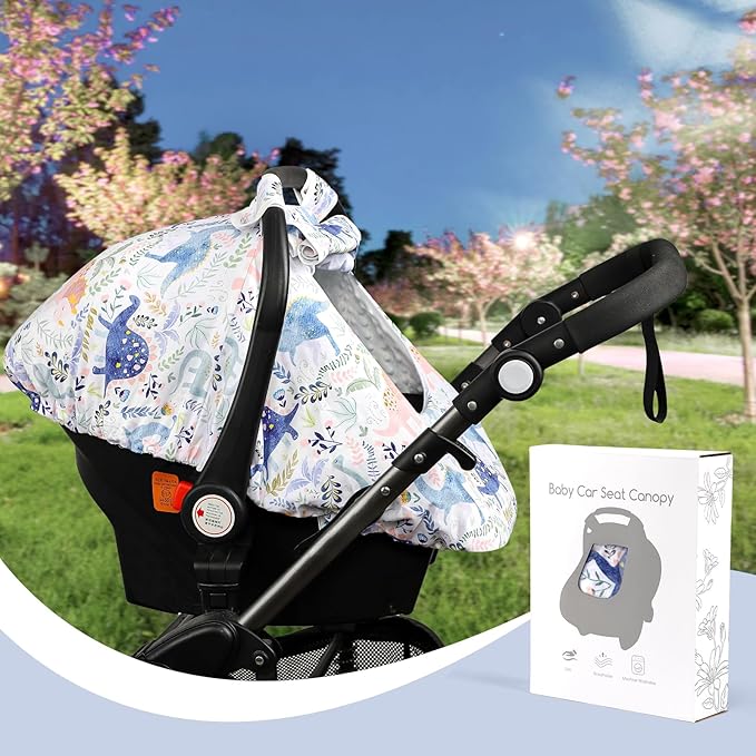 Pea Pod Car Seat Cover Baby Boy, Infant Car Seat Canopy Covers for Newborn with 2 Layers Windows of Breathable Mesh Fabric, Lightweight Polyester/Soft Minky Dot Backing-BubblyBeeBaby