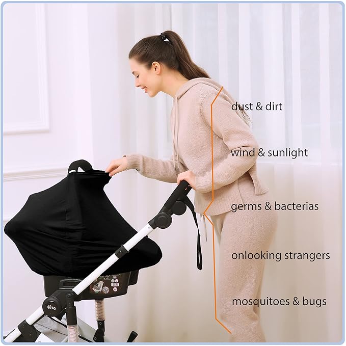 Car Seat Covers for Babies - Multi- use Nursing Carseat Canopy, Breastfeeding Covers, Baby Shower Gifts for Boys and Girls (Pure Black)-BubblyBeeBaby