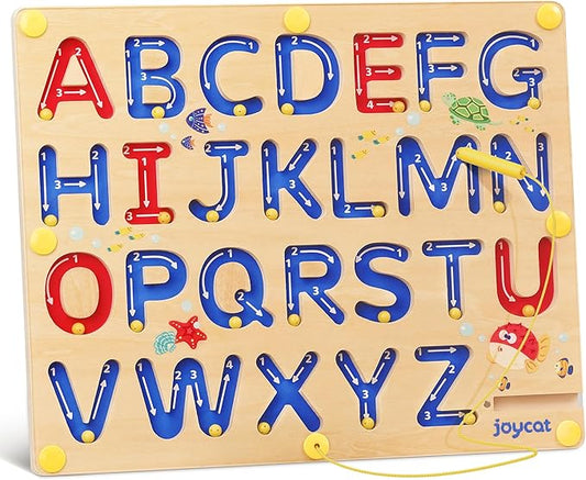 JoyCat Magnetic Letter Tracing Board, Wooden Alphabet Tracing Board for Toddlers ABC Magnets Letter Writing Practice, Magnetic Maze Preschool Learning Educational Toys for Kids 3-5-BubblyBeeBaby