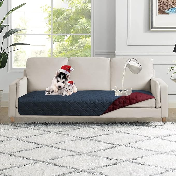 100% Waterproof Dog Bed Cover 30x70 inch Reversible Pad Reusable Camping Mat for Kids/Pet/Dog/Cat Washable Geometric Embroidery Blanket Patchwork Navy+Burgundy-BubblyBeeBaby