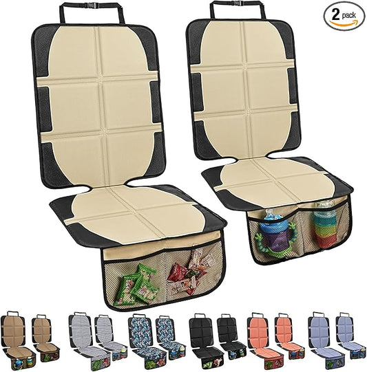 Car Seat Protector for Child Car Seat, 2 Pack Baby Car Seat Covers with Mesh Pockets & Non-Slip Backing 600D Durable Seat Protector Under Baby Car Seat for Car Back Seat (Beige, Large)-BubblyBeeBaby