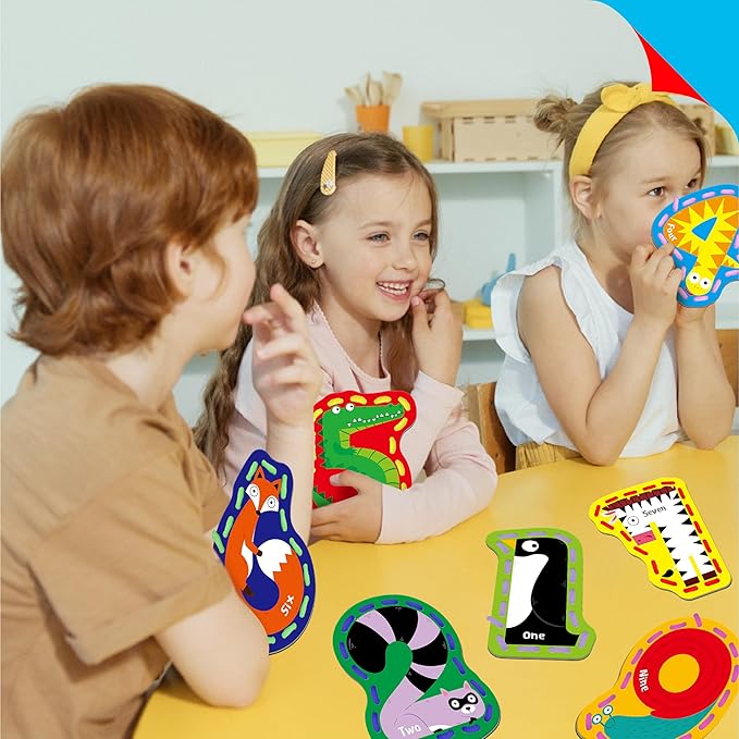 10 Pieces Number Lacing Cards, 0-9 Double Sided Sewing Cards with 10 Colorful Laces, Imagination Development Lacing Toys Games for Children Educational and Learning Activity-BubblyBeeBaby