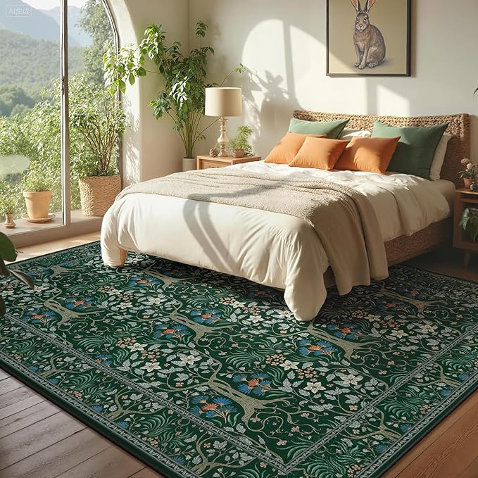 Joydeco Boho Floral 8x10 Area Rugs for Living Room, Washable Dark Green Rug Non Slip, Soft Large Low-Pile Botanical Forest Indoor Floor Throw Carpet for Bedroom Nursery Dining Office-BubblyBeeBaby