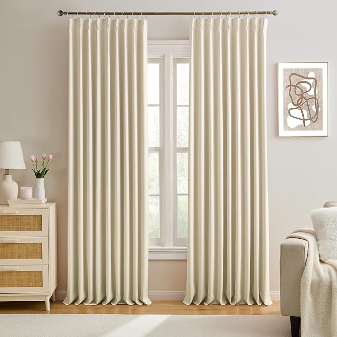 KEQIAOSUOCAI Pleated Room Darkening Privacy Curtains for Windows 102 inch Length - Solid Pinch Pleats Light Reducing Panels for Bedroom Living Room (Cream Beige, 60x102, 2 Panels = 120" Wide)-BubblyBeeBaby
