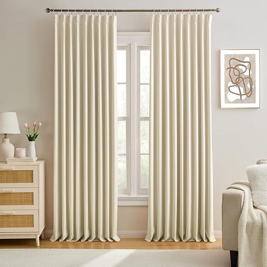 KEQIAOSUOCAI Pleated Blackout Curtains 95 inch Length - Solid Memory Pleated Drapes Light Reducing Ceiling Floor Panels for Living Room Bedroom Window (Cream Beige, 2 Panels,60 by 95)-BubblyBeeBaby