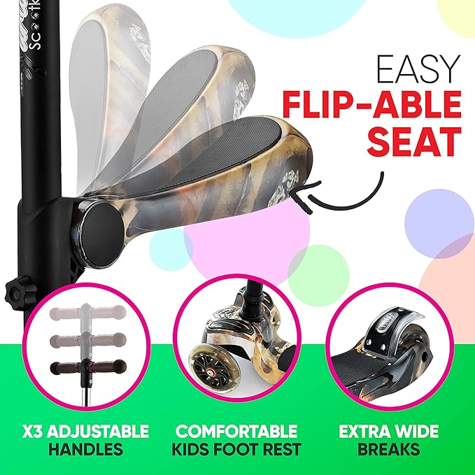 Hurtle 3-Wheeled Scooter for Kids - Wheel LED Lights, Adjustable Lean-to-Steer Handlebar, and Foldable Seat - Sit or Stand Ride with Brake for Boys and Girls Ages 1-14 Years Old-BubblyBeeBaby