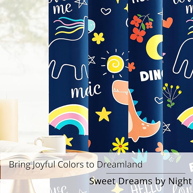 100% Blackout Curtains for Kids - Adorable Dinosaur & Unicorn Pattern, 2Panels, Each W52xL63, Thermal Insulated Noise-Reducing Drapes for Nursery, Bedroom, Playroom - Fun & Colorful Design-BubblyBeeBaby
