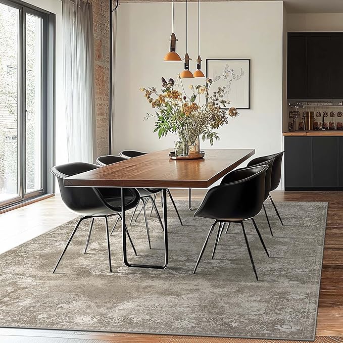 jinchan Washable Area Rug 8x10 for Living Room - Soft Faux Wool Ultra-Thin Stain Resistant Non-Slip Distressed Vintage Floral Large Carpet for Bedroom,Dining Room,Home Office,Nursery(Brown, 8'x10')-BubblyBeeBaby