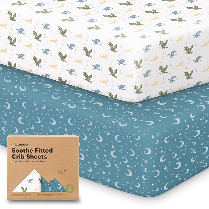 KeaBabies 2-Pack Organic Crib Sheets for Boys, Girls - 52x28 Fitted Crib Mattress Sheet Neutral, Breathable Jersey Cotton Cover for Baby Bed, Toddler Mattress, Soft & Cute Prints (Dragon Tale)-BubblyBeeBaby