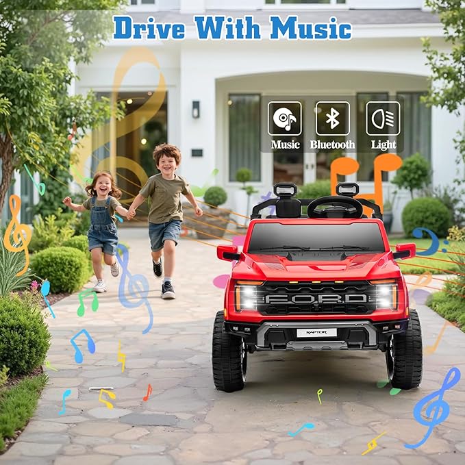 24V Ride on Car Licensed Ford F-150 Raptor, Kids Electric Car with Remote Control, LED Light/Music/MP3, Truck Bed Storage, 3-Point Seat Belt (24V, Red)-BubblyBeeBaby