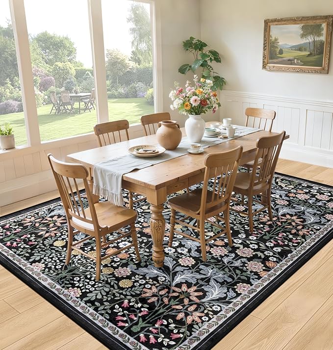 10x12 Area Rugs for Living Room: Floral Washable Rug Vintage Large Soft Boho Non-Slip Carpet Indoor Stain Resistant Low Pile Carpets for Bedroom Dining Room Farmhouse Nursery Home Office Dark Black-BubblyBeeBaby