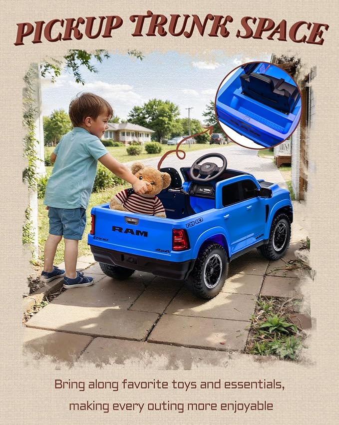 12V Kids Electric Vehicles, Licensed Ram 1500 RHO Kids Ride on Truck with Remote Control, Ride on Car for Children with Smooth Start, Truck Bed Storage, Bluetooth, Aux Port (Blue)-BubblyBeeBaby