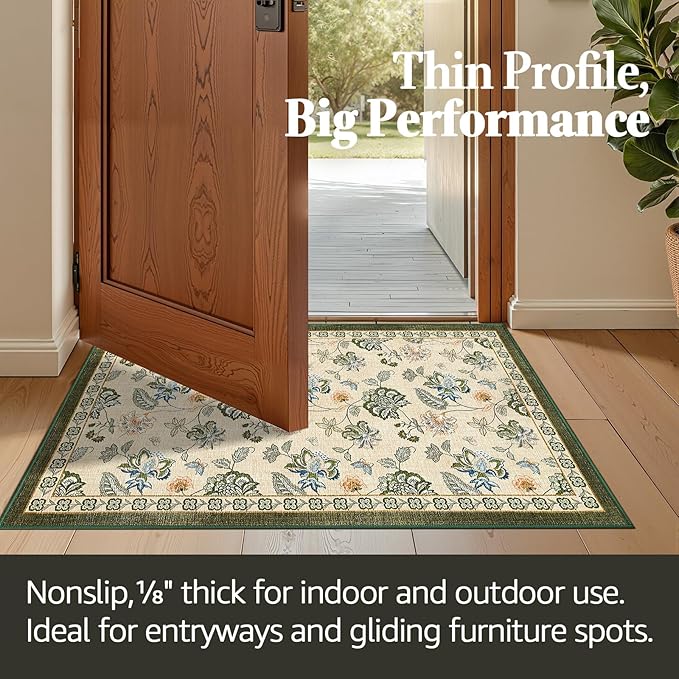 jinchan 3x5 Floral Rug for Entryway Washable Kitchen Rug Vintage Romance Design Small Mat Non Slip Indoor Doormat Lightweight Low-Profile Throw Carpet for Entrance Bathroom Laundry Room, Green/Beige-BubblyBeeBaby
