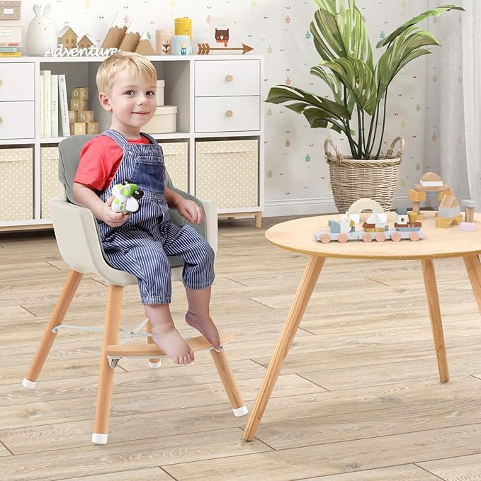 HONEY JOY High Chair, 3-in-1 Eat & Grow Wooden Highchair/Toddler Chair with Removable Tray, 5-Point Harness, PU Cushion and Footrest for Baby, High Chair for Babies and Toddlers(Gray)-BubblyBeeBaby