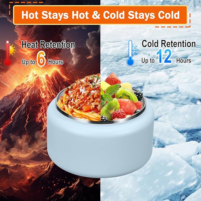 13.5oz Kids Thermos for Hot Food, Insulated Vacuum Food Jar with Buckle Lid, Stainless Steel Wide Mouth Leak Proof Insulated Lunch Container for School Picnic Travel, Blue-BubblyBeeBaby