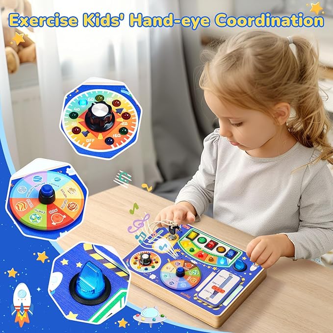 JoyCat Busy Board with Led Light, Toddler Toys for 1 2 3 4 Year Old Boys and Girls, Wooden Sensory Toys with Music, Travel Toy for Toddlers 1-3, Birthday Presents (Blue)-BubblyBeeBaby