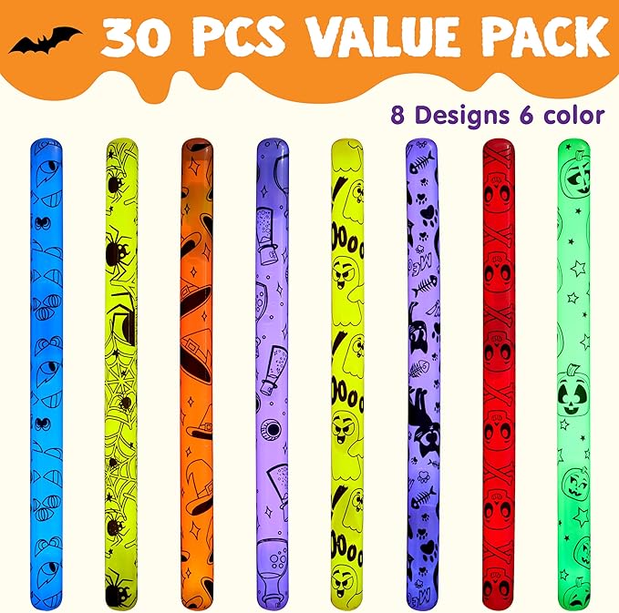 JOYIN 30 Pcs Halloween Glow Sticks Bulk Party Pack, Hanging Wands in 8 Design, 6 Color Light Up Stick for Kid Glow in The Dark Halloween Party Favor Supplies, Goodie Bag Filler, Trick or Treating Gift-BubblyBeeBaby