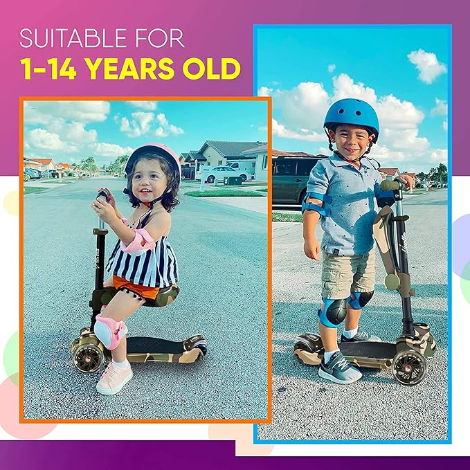 Hurtle 3-Wheeled Scooter for Kids - Wheel LED Lights, Adjustable Lean-to-Steer Handlebar, and Foldable Seat - Sit or Stand Ride with Brake for Boys and Girls Ages 1-14 Years Old-BubblyBeeBaby