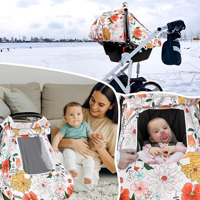 Baby Carseat Cover Girls, Pea Pod Infant Car Seat Covers Canopy for Newborn with 2 Layers Windows of Breathable Mesh/Fabric, Lightweight Polyester/Minky Dot Backing, Snug Fit Most Baby Car Seat-BubblyBeeBaby