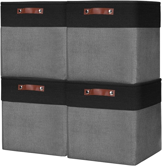 13x13 Cube Storage Bins, Collapsible Fabric Storage Box, 4 Pack Closet Baskets with Handles for Organizing, Shelf, Toys, Clothes, Home, Office, Nursery (Grey&Black)-BubblyBeeBaby