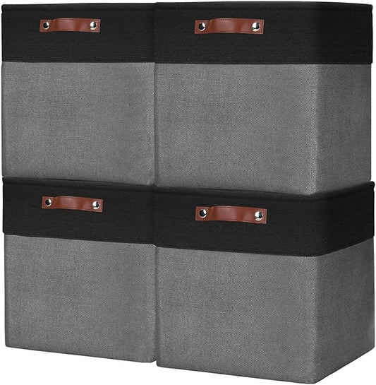 13x13 Cube Storage Bins, Collapsible Fabric Storage Box, 4 Pack Closet Baskets with Handles for Organizing, Shelf, Toys, Clothes, Home, Office, Nursery (Grey&Black)-BubblyBeeBaby