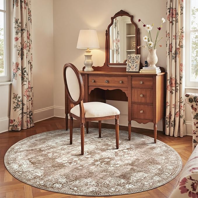 jinchan Round Rug 6ft Area Rug - Brown Vintage Floor Mat Kitchen Indoor - Washable Circle 6' Thin Floral Print Carpet Retro Farmhouse Non Slip Dining Room Living Room Bedroom Office-BubblyBeeBaby
